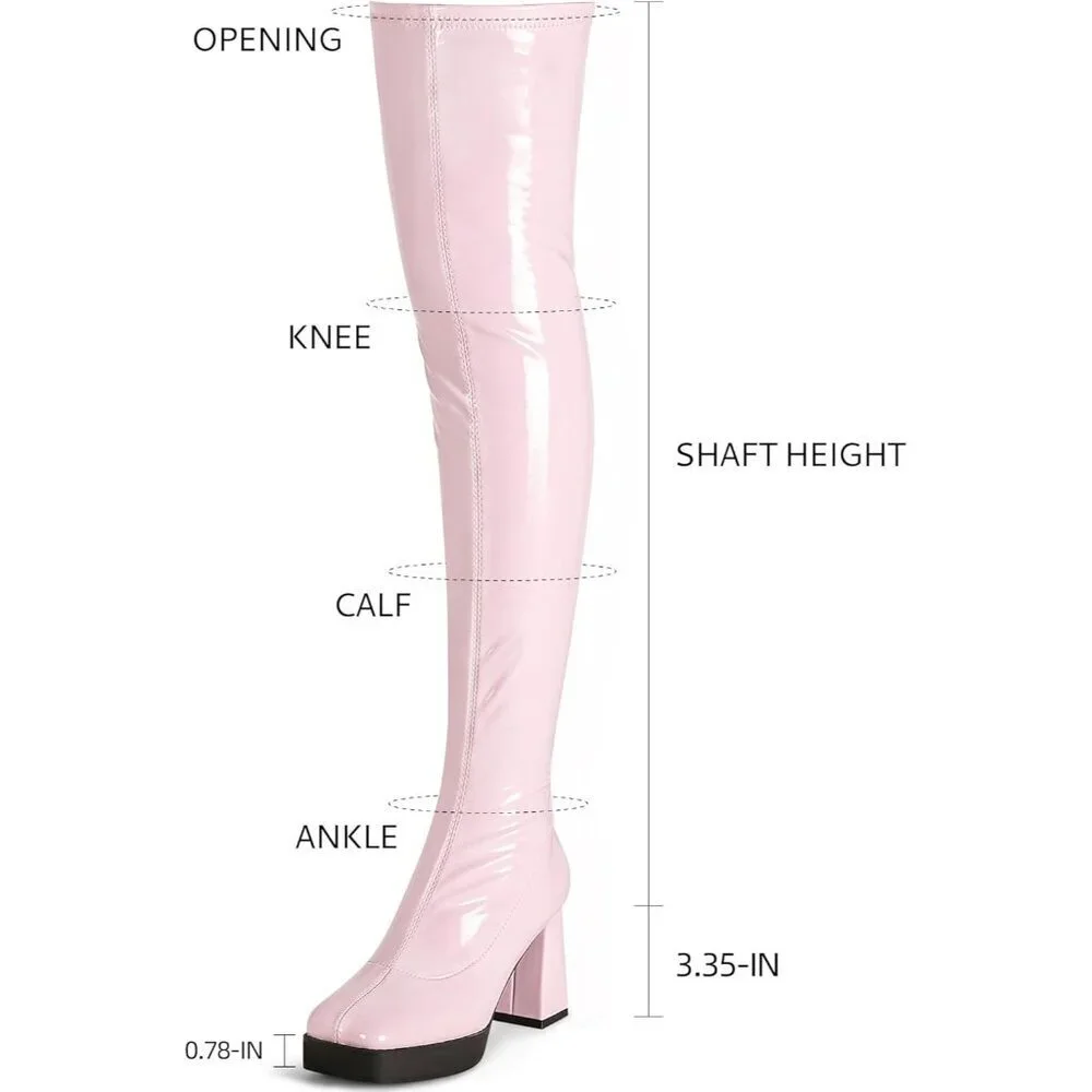 Women Pink Square Toe Chunky Heels Patent Leather PU Over The Knee High Boots